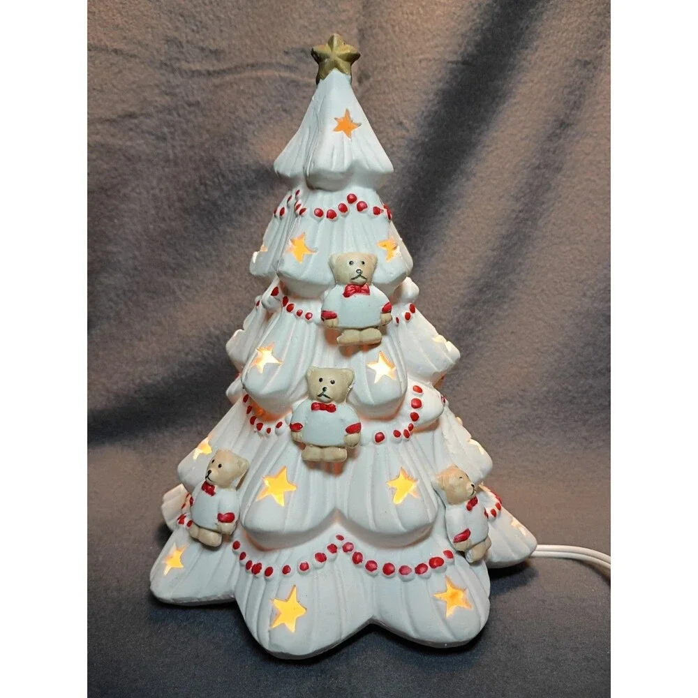 Vintage White Porcelain Lighted Christmas Tree Teddy Bears 9